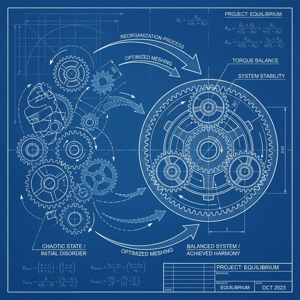 Blueprint showing mechanical gears transitioning from chaotic initial disorder to balanced harmonious system with optimized meshing
